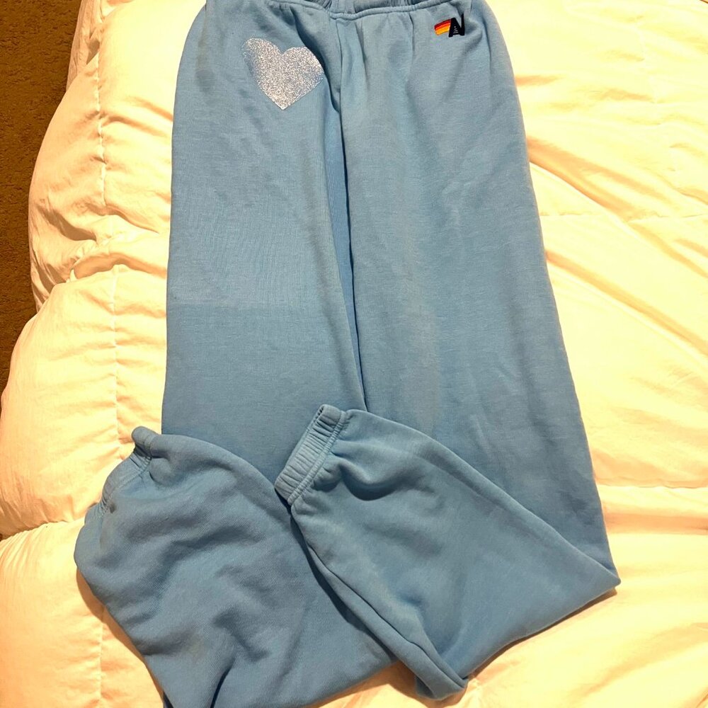NEW: AVIATOR NATION GLITTER HEART SWEATPANTS - SKY // BLUE